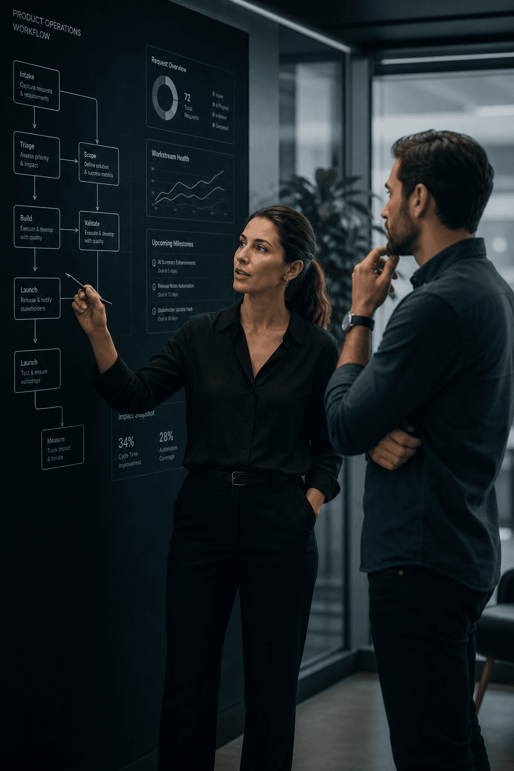 A product team reviewing a workflow and dashboard